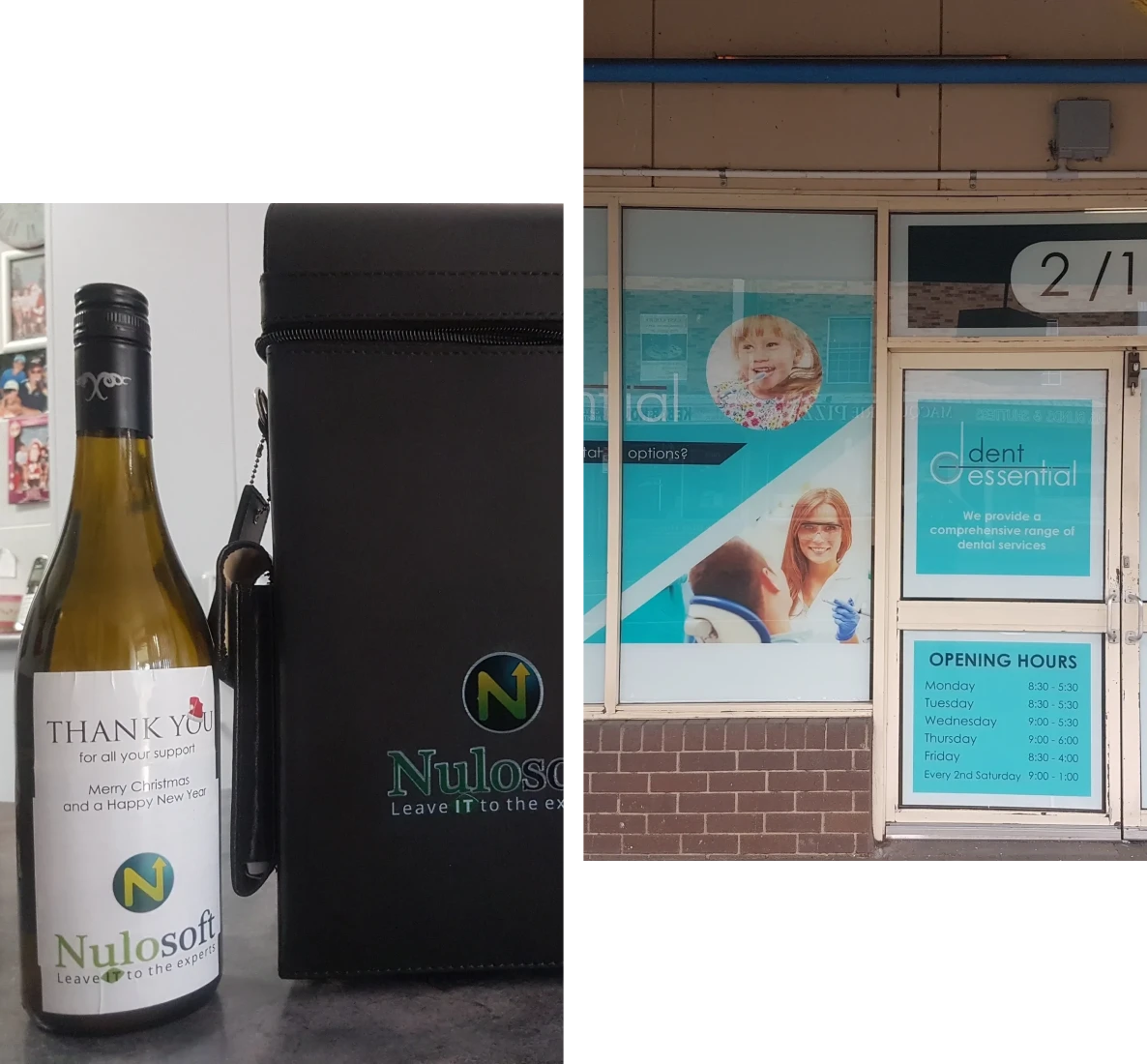Wine bottle and branded bag on counter