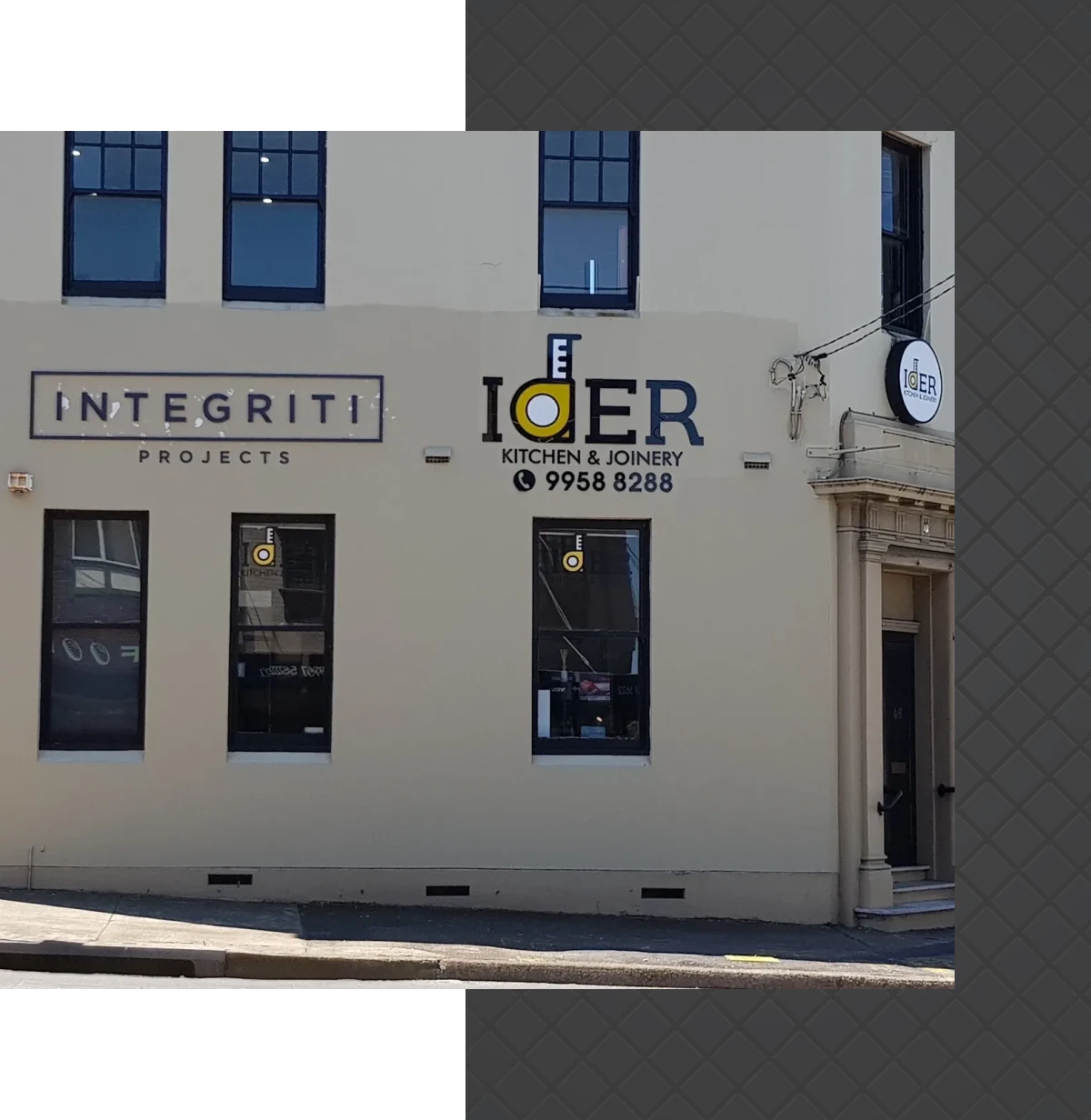 Street view of kitchen joinery business signs