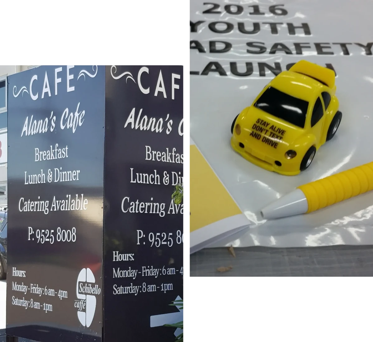 Alana's Cafe advertisement and toy car