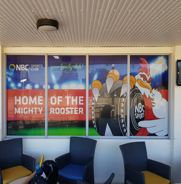 Mighty Rooster club window graphic